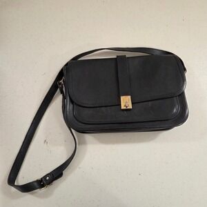 Michael Green Vintage Black Leather Crossbody Shoulder Bag Turn Lock Gold Tone